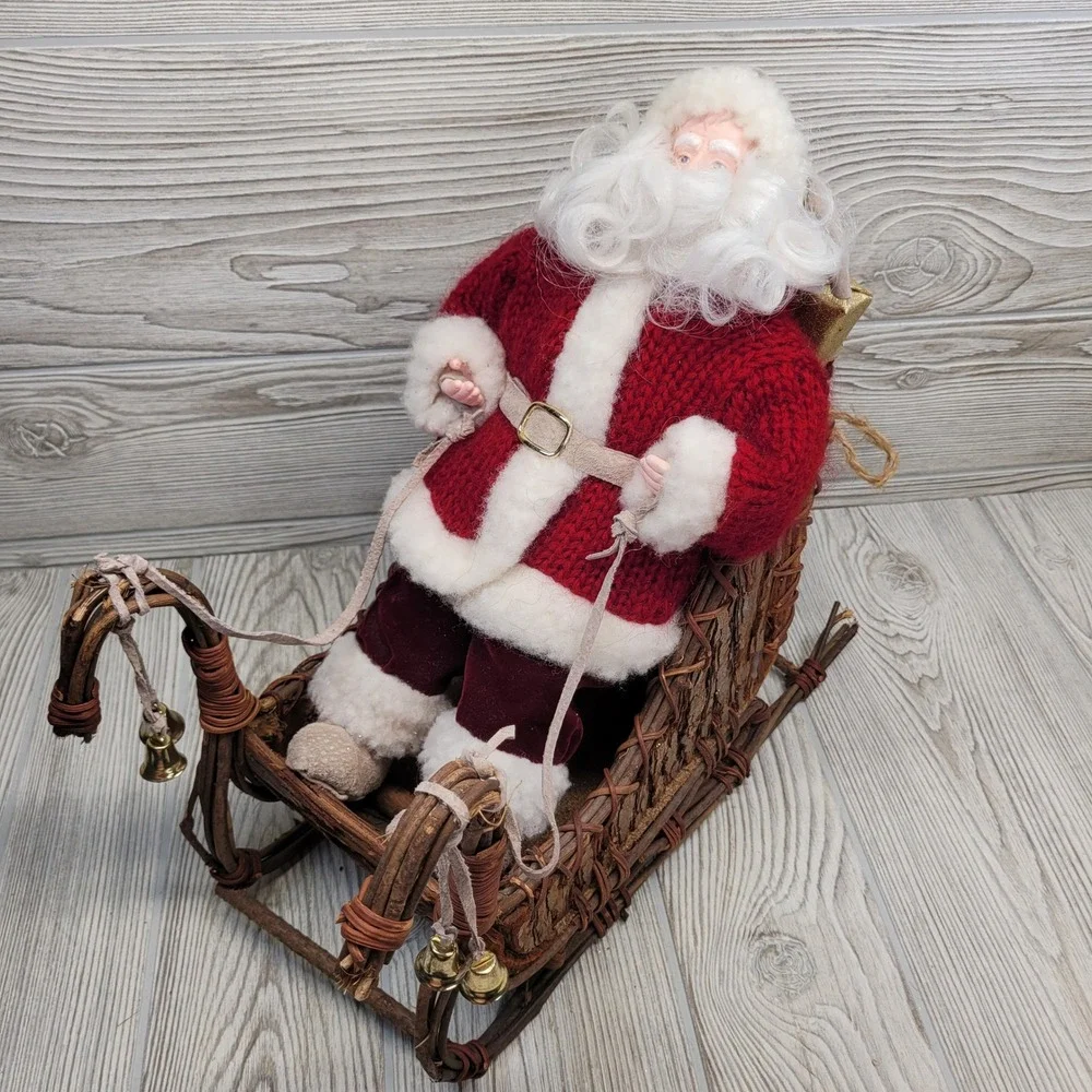 Santa in Wood Bark Sleigh Sled Knit Coat Sack Of Presents Suede Leather Accents